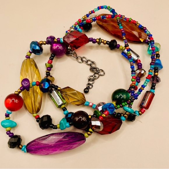 Long jewel tone beaded necklace with various colors and shapes. 36 inches long - Picture 3 of 3